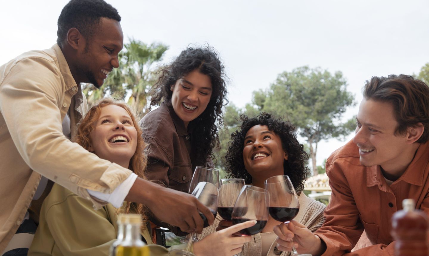 Friends toasting with glasses wine eating barbeque outdoor party